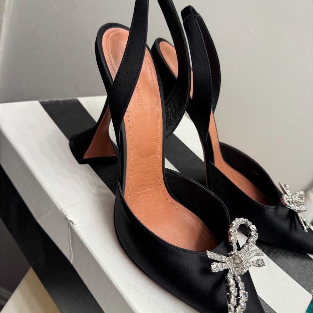 Amina Muaddi Black Satin Women's Heels with Crystal Bow - Picture 4 of 5